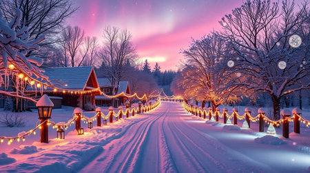 Beautiful winter landscape with a snowy road and glowing garlands.の写真素材
