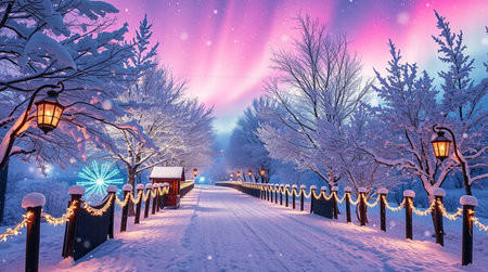Beautiful winter landscape with snow covered trees and lanterns. Northern lights.の写真素材