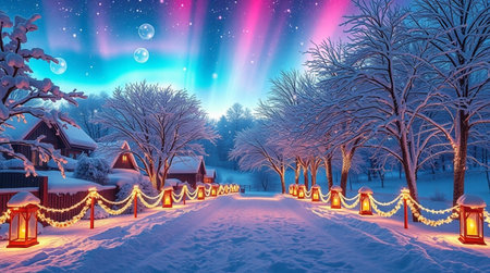Winter landscape with Christmas tree and lanterns. Northern lights. 3d renderingの写真素材