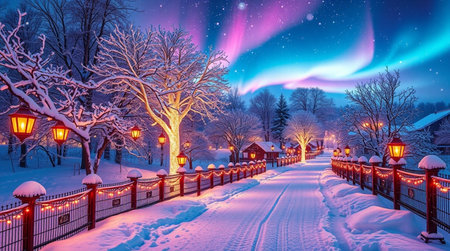 Aurora borealis in the night sky above the winter city.の写真素材