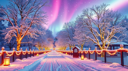 Winter landscape in the park. Northern lights on the background of the night sky.の写真素材