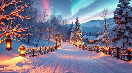 Winter night in the Carpathian mountains. Winter landscape with a lanterns.の写真素材