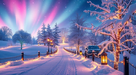 Winter landscape with snow covered trees, road and street lanterns.の写真素材