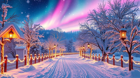 Beautiful winter landscape with snowy road and lanterns. Northern lights.の写真素材