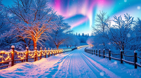Winter landscape with snow covered trees, road and fairy lights. Northern lights.の写真素材