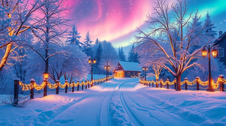 Beautiful winter landscape with snow covered trees and lanterns. Northern lightsの写真素材