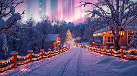 Winter landscape with aurora borealis in the sky over the villageの写真素材