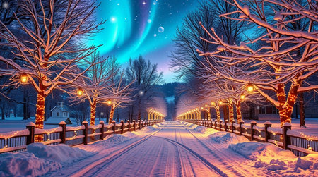 Winter landscape with aurora borealis in the night sky over the road.の写真素材