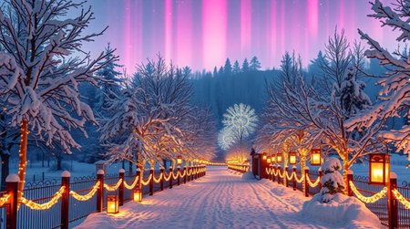 Fantastic winter landscape with glowing red lanterns in the park.の写真素材