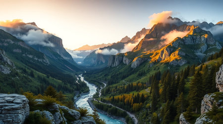 Panoramic view of the Dolomites at sunrise, Italyの写真素材