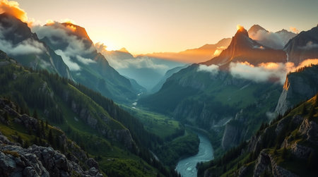 Panoramic view of the alpine valley at sunset.の写真素材