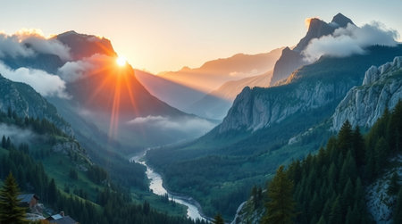 Panoramic view of Dolomites mountains at sunrise, Italyの写真素材