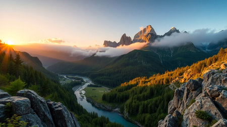 Sunset in the Dolomites, Italy. Panoramic viewの写真素材