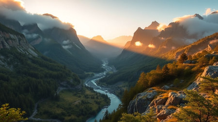 Panoramic view of the valley and the mountain river in the morning.の写真素材