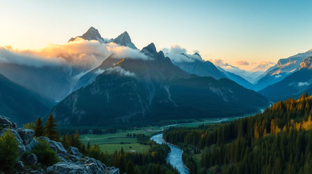 Mountain landscape at sunset.の写真素材