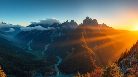 Sunset in the Dolomites, Italy. Panoramic viewの写真素材