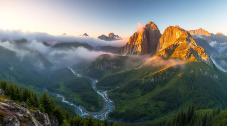 Panoramic view of the Dolomites at sunrise, Italyの写真素材