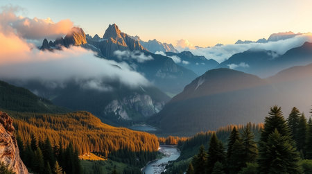 Sunrise in the mountains. Panoramic viewの写真素材