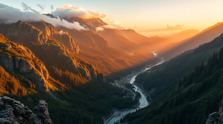 Sunset in Banff National Park, Alberta, Canada. Panoramic view of the river and mountains.の写真素材