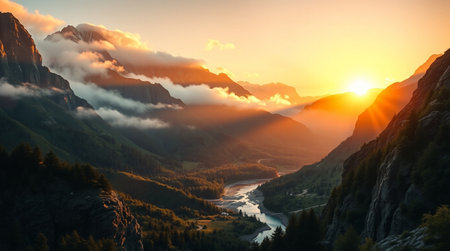 Sunrise in the Dolomites, Italy. Beautiful view of the valley.の写真素材