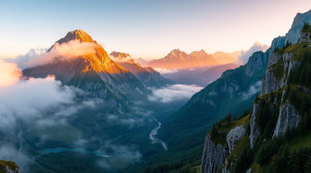 Sunrise in the Alps, Switzerland. Panoramic viewの写真素材