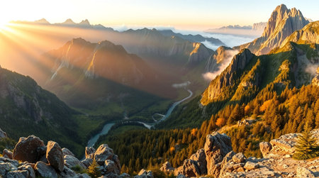 Panoramic view of the Dolomites at sunrise, Italyの写真素材