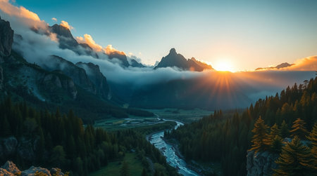 Sunset in Dolomites, Italy. The valley is illuminated by the setting sun.の写真素材