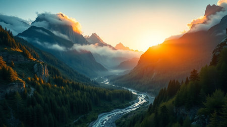 Mountain landscape with forest and river at sunset.の写真素材