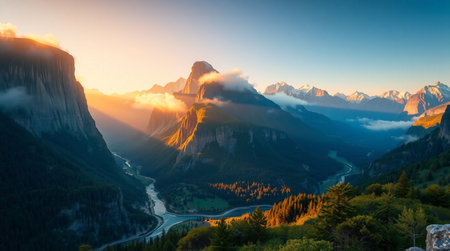 Panoramic view of the Dolomites at sunrise, Italyの写真素材