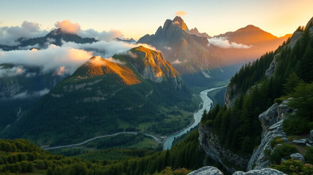Mountain landscape in the Swiss Alps. View of the mountain river.の写真素材