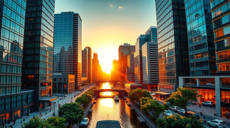 Cityscape at sunset. Financial district.の写真素材