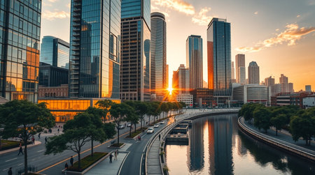 Panoramic view of modern skyscrapers in Shanghai at sunsetの写真素材