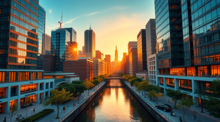 Cityscape of Chicago at sunset, Illinois, United States of Americaの写真素材