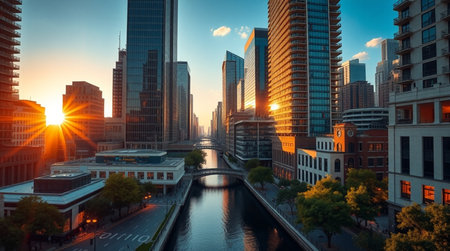 Sunset over the canals of Chicago, Illinois, USA.の写真素材