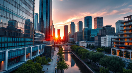 modern business district in shanghai at sunset,China.china.の写真素材