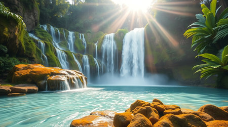 Beautiful waterfall in tropical forest at sunset. Panoramic viewの写真素材