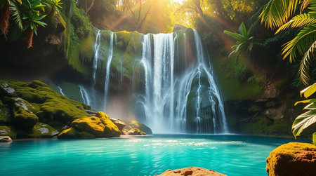 Beautiful waterfall in tropical forest at sunset. Panoramic viewの写真素材
