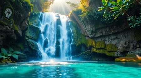 Beautiful waterfall in the tropical forest. Nature background. Panoramaの写真素材