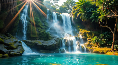 Beautiful waterfall in the tropical forest with sunlight and lens flare.の写真素材