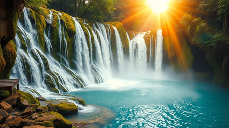 beautiful waterfall in deep forest of thailand with sun light.の写真素材