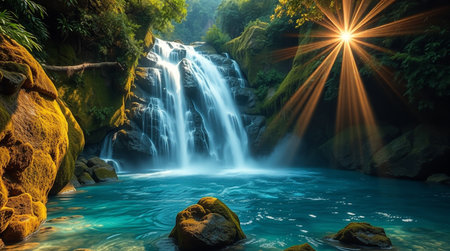 beautiful waterfall in deep forest with rays of light and long exposureの写真素材