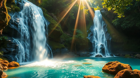 Beautiful waterfall in green forest with sunbeams and lens flareの写真素材