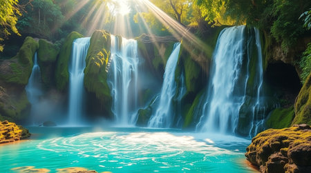 Beautiful waterfall in the forest with sunlight and blue sky background.の写真素材
