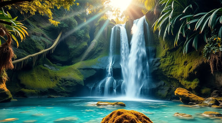 Beautiful waterfall in tropical forest at sunset. 3d rendering.の写真素材
