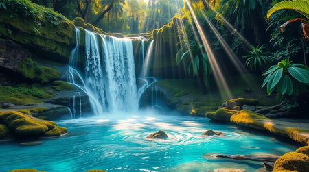 Beautiful waterfall in the tropical forest at sunset time. Nature backgroundの写真素材