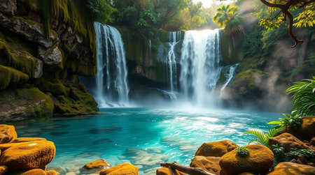 Panoramic view of beautiful waterfall in tropical rainforest at sunsetの写真素材