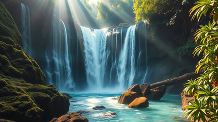 Beautiful waterfall in the tropical forest with sunbeams. Toned.の写真素材