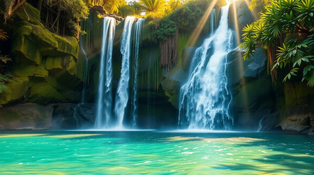 Beautiful waterfall in the jungle of the tropical forest at sunset.の写真素材