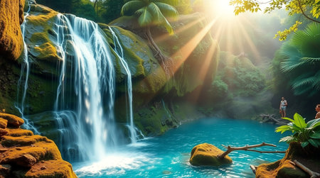 Beautiful waterfall in tropical forest at sunset time. Nature landscape background.の写真素材