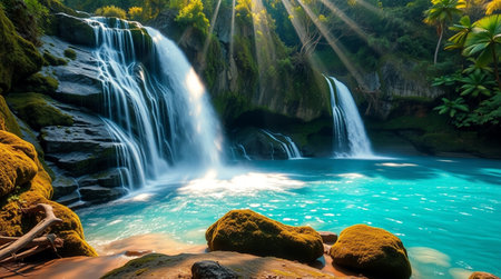 Waterfall in tropical forest at sunrise. Beautiful waterfall in jungle.の写真素材